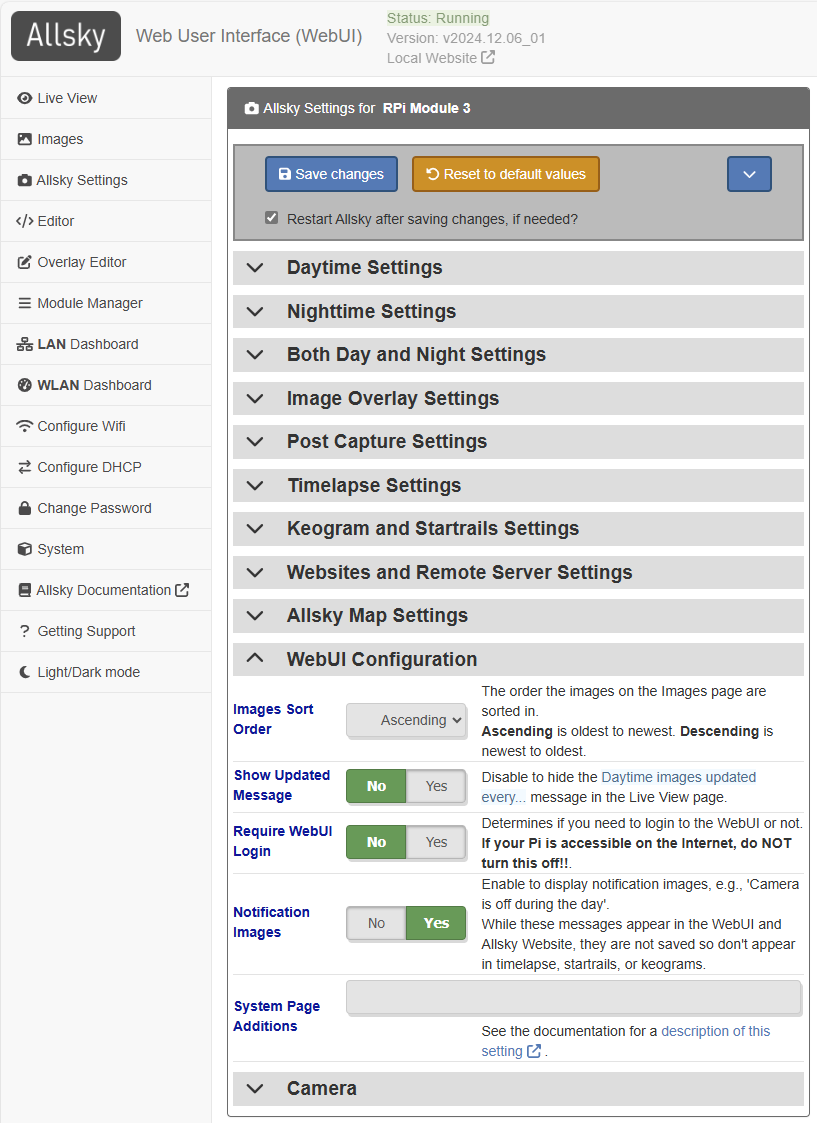 Typical Allsky Settings page AllskySettings